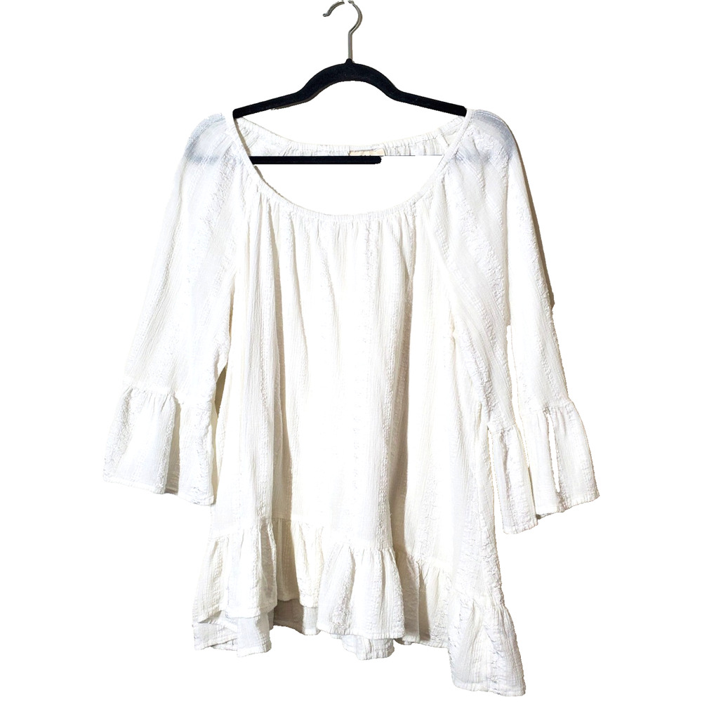 Style & Co Womens Large White Top Peasant Bohemian Peplum Embroidered Cotton